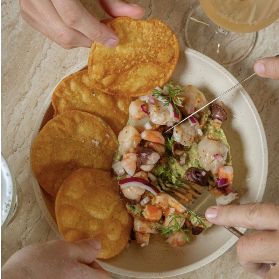 Prawn tostadas with avocado on golden tortillas at Angelica Norwest