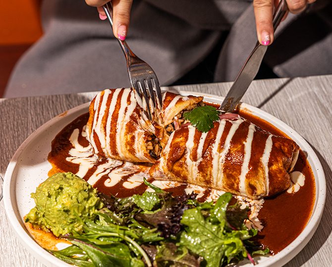 Enchiladas topped with red sauce and a drizzle of crema
