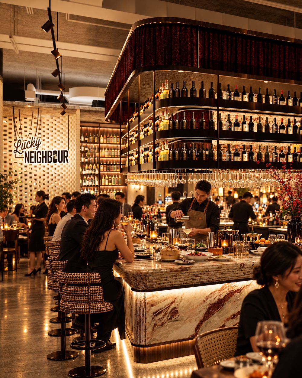 The Lucky Neighbour bar with its marble counter and wine shelves