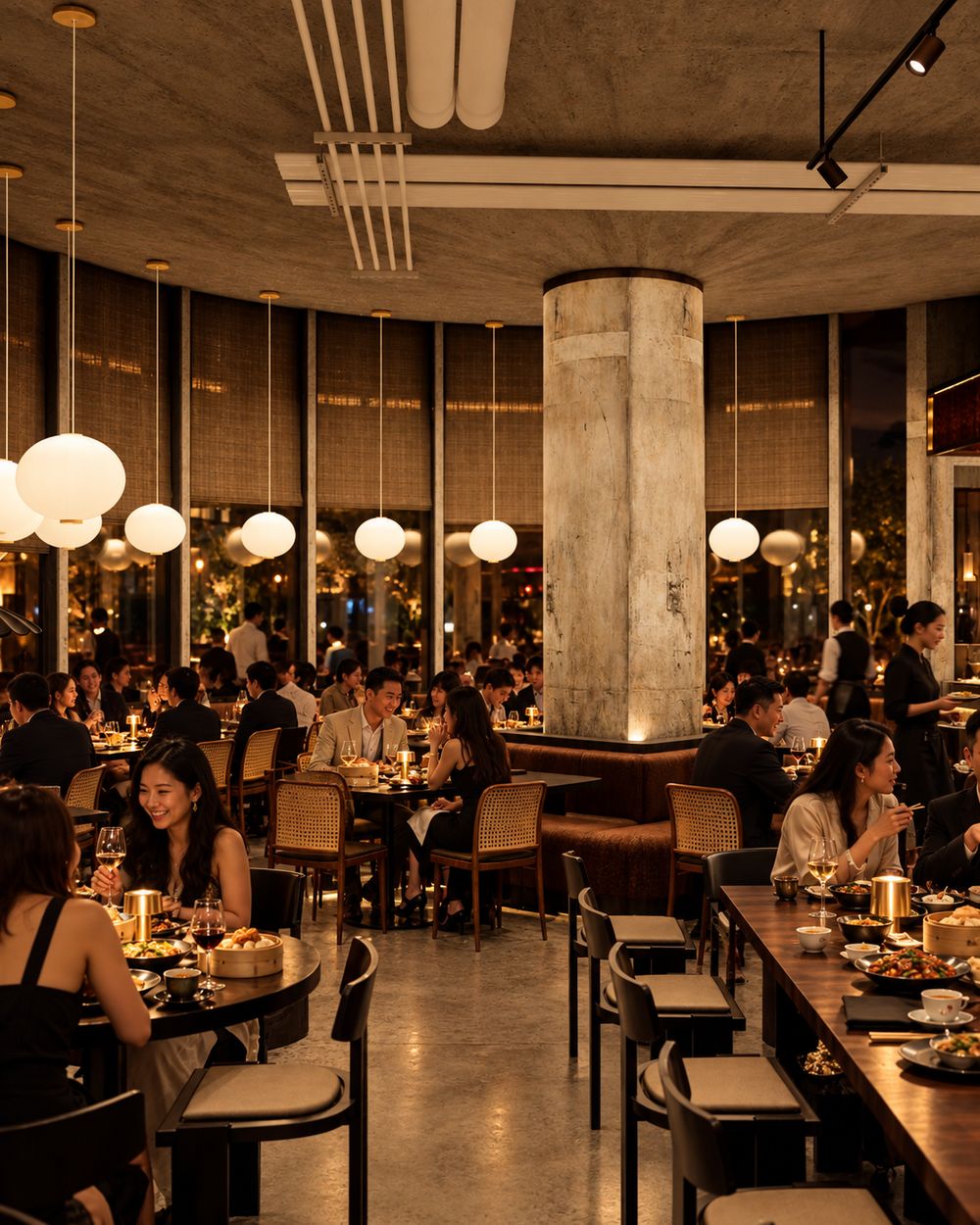 The central dining room at Lucky Neighbour under round paper lanterns
