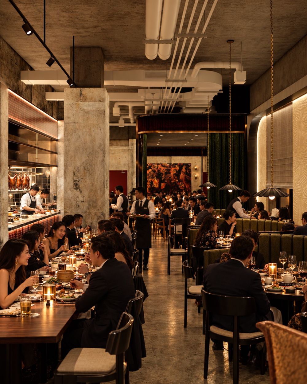 The main dining room at Lucky Neighbour, with polished concrete floors, timber tables and the open kitchen at the back