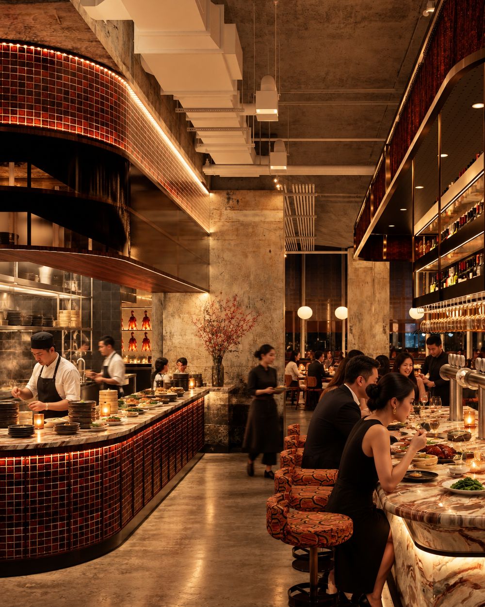 Lucky Neighbour open kitchen and bar The open kitchen and bar at Lucky Neighbour, with chefs at work behind a tiled counter