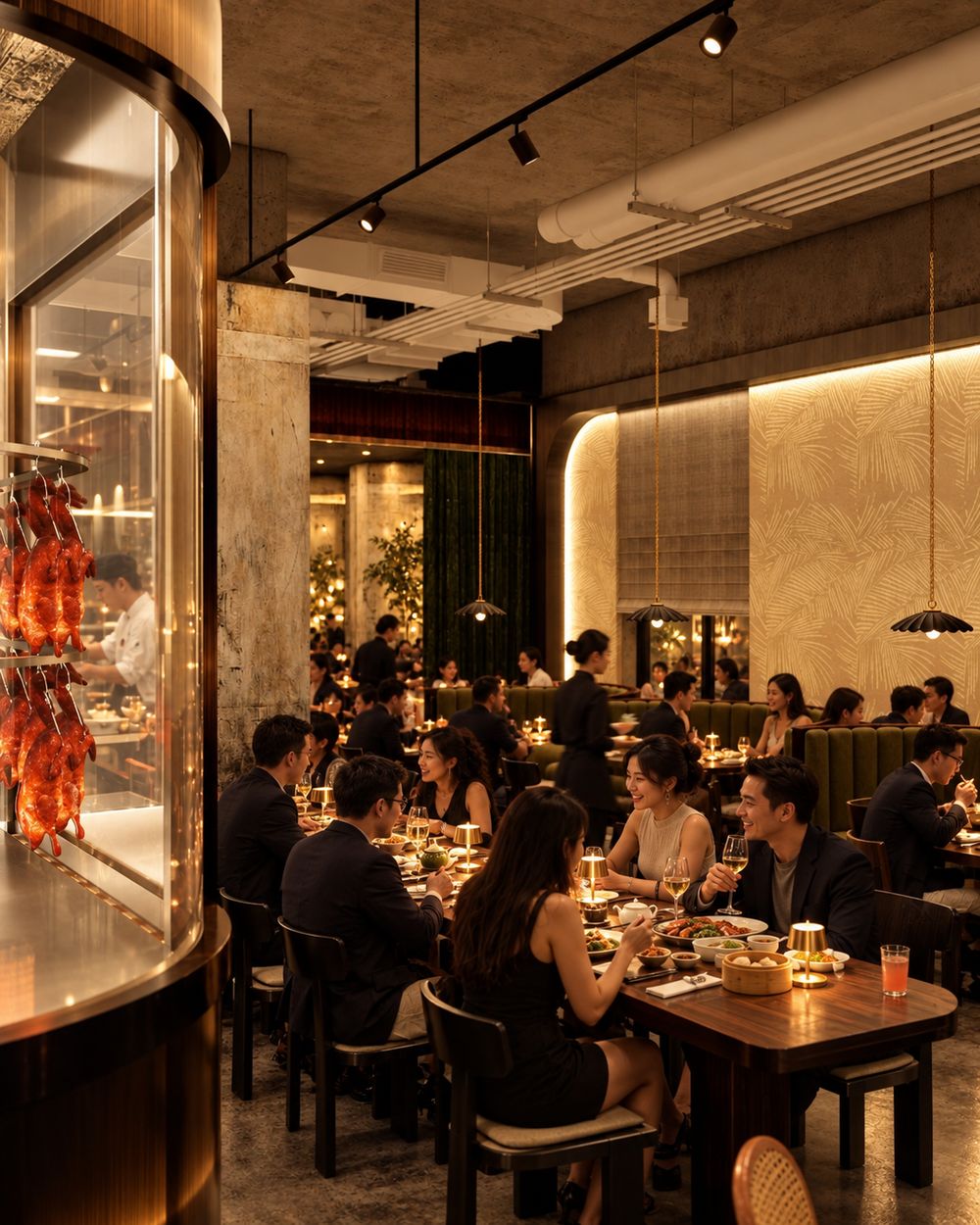 Diners at Lucky Neighbour beside the glass BBQ duck display