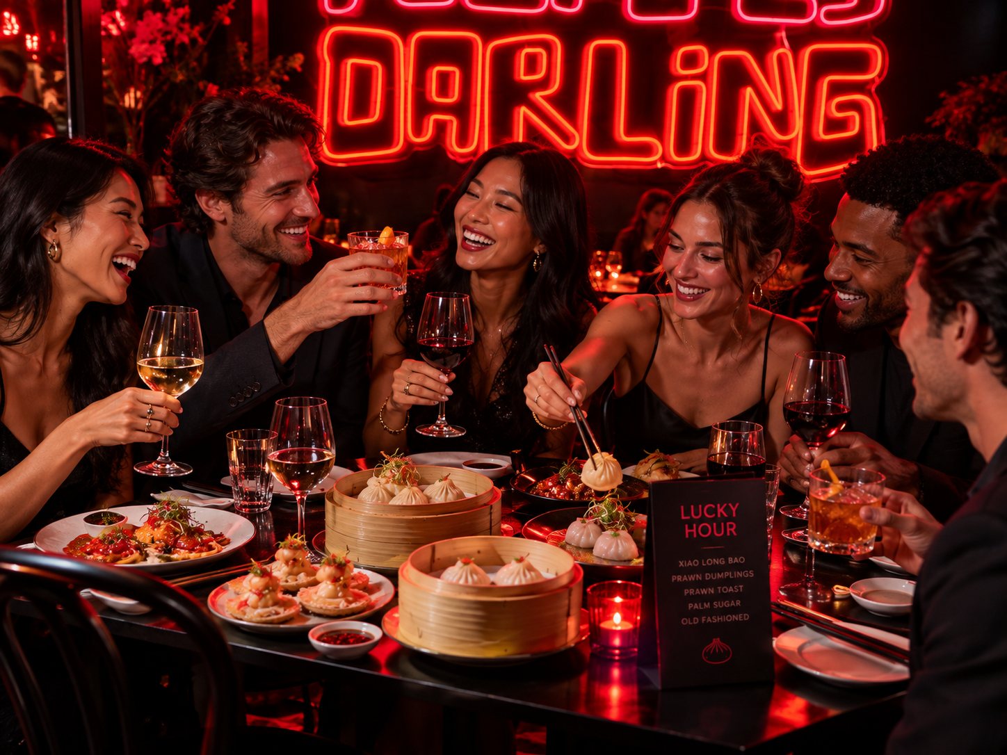 Friends toasting over dumplings, prawn toast and cocktails under the Lucky You Darling neon sign