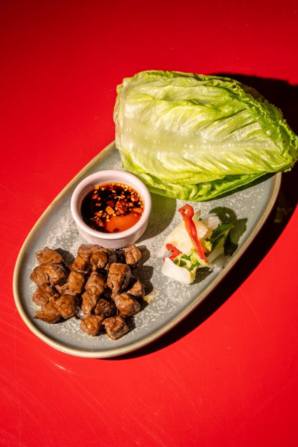 Fried chicken with lettuce cups and chilli sauce at Lucky You Darling