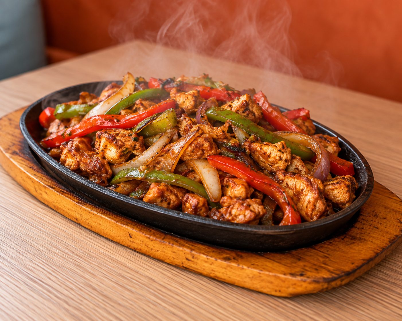 Sizzling chicken fajitas with red and green capsicum and onion on a cast-iron plate